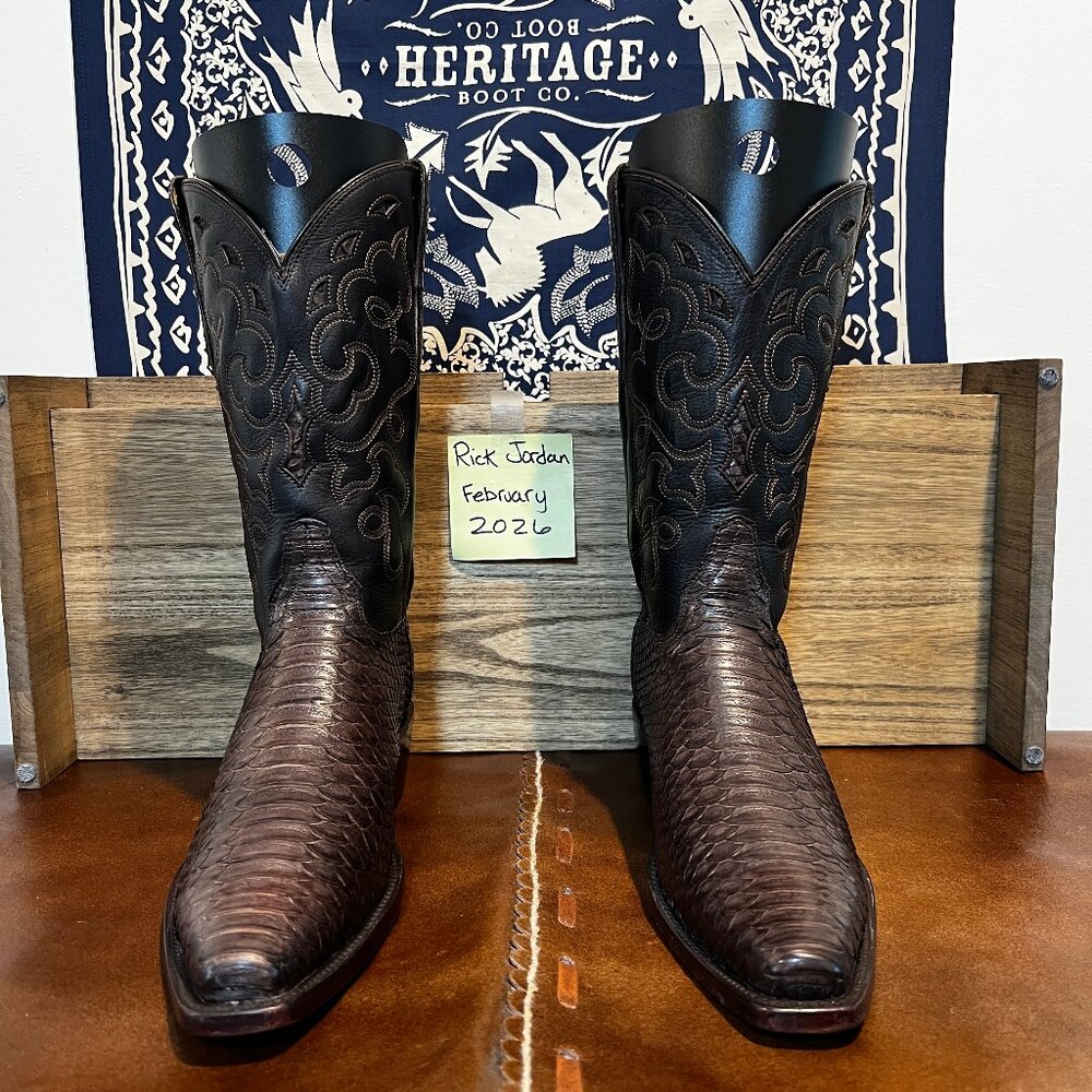 RUJO 'The Jimmy' Chocolate Python Cowboy Boots in a Snip-Toe & Men's Size 11D